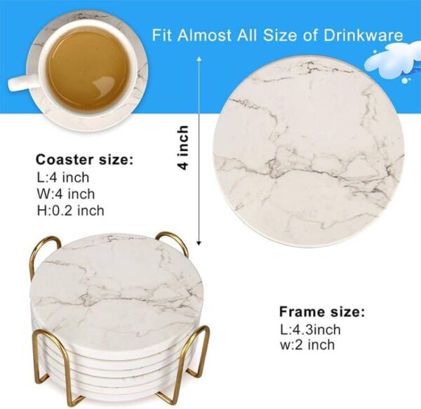 6 Pcs White Marble Coaster Set with Holder Absorbent Coasters Drink Coasters Ceramic Bar Coasters Cute Dining Coffee Table Coasters Decor Gift Cup Stone Modern Coasters for Beverage Beer Coasters - Image 7