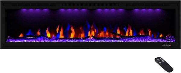 Luxurious 60" Electric Fireplace, Wall Mounted&in Wall Recessed Fireplace Heater, Adjustable Flame Color & Top Light, Remote&Touch Control with Timer&Thermostat, Log & Crystal Set
