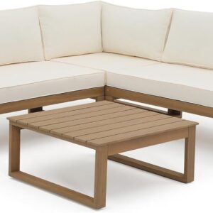 Soleil Jardin 4 Piece Acacia Wood Patio Furniture L-Shaped Outdoor Sectional Sofa Set with Coffee Table, FSC Certified Conversation Set with Built-in Side Table and Cream White Cushions for Garden