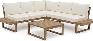 Soleil Jardin 4 Piece Acacia Wood Patio Furniture L-Shaped Outdoor Sectional Sofa Set with Coffee Table, FSC Certified Conversation Set with Built-in Side Table and Cream White Cushions for Garden