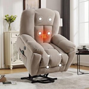 Power Lift Recliner, Heavy Duty Safe Mobility Recliner with Heating and Massage, Recliner with Infinite Positions and Side Pockets, USB Charging Port (Beige)