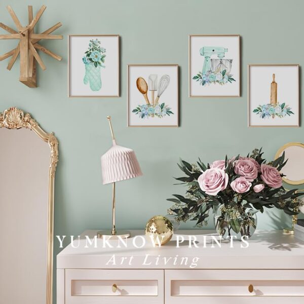 Gift for Cooks and Chefs - Retro Modern Turquise Cyan Flower Kitchen Signs - Kitchen Dining Wall Art Decor - Green Teal Kitchen Poster Prints - Spoon Mixer Glove Picture for Holiday Restaurant Décor - Image 5