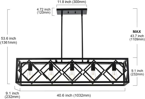 BONLICHT ‎Transitional 5 Light Farmhouse Chandelier Industrial Large Black Kitchen Island Linear Pendant Lights Modern Rectangle Dining Room Lighting Fixtures Hanging Metal Cage Ceiling Lamp for Bar - Image 3