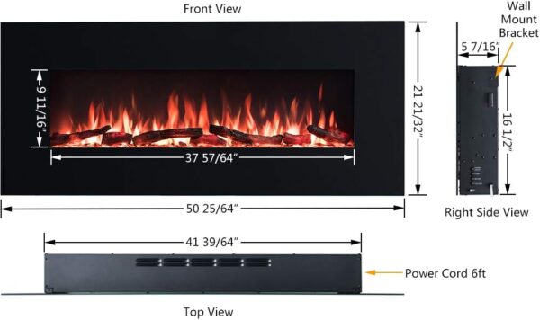 PuraFlame Serena 50 Inches Wall Mounted Linear Electric Fireplace with Log Set & Crystal, Adjustable Flame Color and Speed, 750 / 1500W Heater, Remote with Timer, 50.38 x 5.44 x 21.63 inches, Black - Image 5