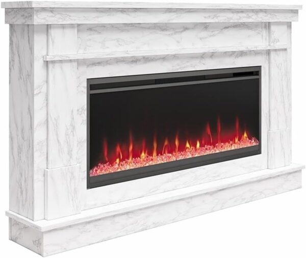 Novogratz Waverly 64 Inch Electric Fireplace with Mantel, Replaceable Fireplace Insert Heater, Remote Control, Timer, Color Changing Crystal Ember Flames, For Living Room or Bedroom, White Marble - Image 4