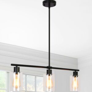 Kitchen Island Lighting, 3-Lights Black Pendant Lights Kitchen Island, Hanging Linear Light Fixture Chandelier With Glass Shades and Adjustable Rods, Modern Dining Room Light Fixtures Over Table