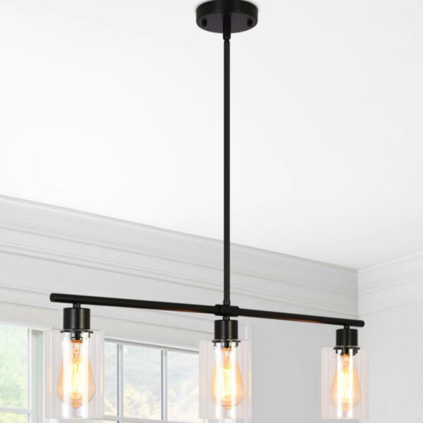 Kitchen Island Lighting, 3-Lights Black Pendant Lights Kitchen Island, Hanging Linear Light Fixture Chandelier With Glass Shades and Adjustable Rods, Modern Dining Room Light Fixtures Over Table