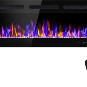 50" Electric Fireplace Wall Mounted and Recessed with Remote Control, 750/1500W Ultra-Thin Wall Fireplace Heater W/Timer Adjustable Flame Color and Brightness, Log Set & Crystal Options
