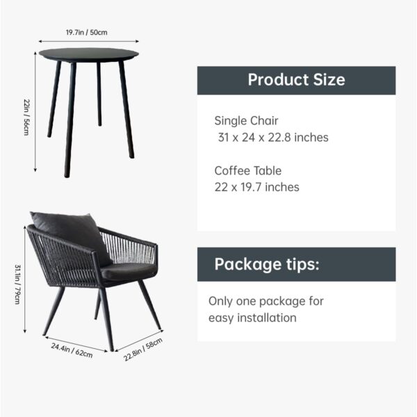 3 Piece Patio Furniture Set, Outdoor Bistro Set Aluminum Wicker Chairs and Coffee Table with Cushions and Pillows, Rattan Conversation Set Outdoor Furniture for Balcony, Porch, Garden, Yard-Grey - Image 5
