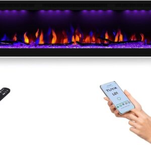 Luxurious 60" WiFi Smart Electric Fireplace, Recessed &Wall Mounted Fireplace Heater, Adjustable Flame Color, Remote &Touch Control with Timer &Thermostat, Log &Crystal Set, Work with Alex