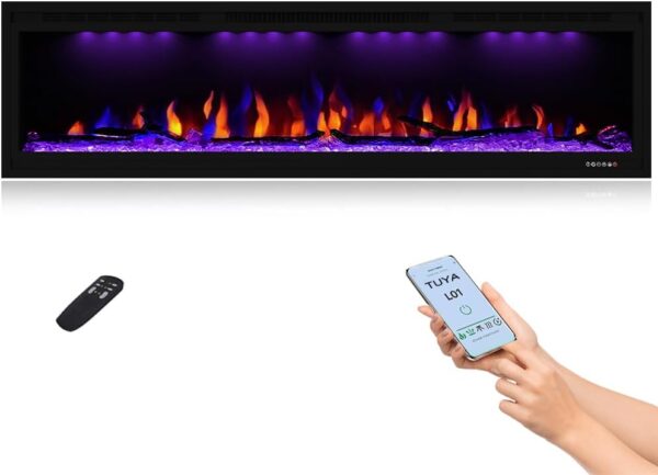 Luxurious 60" WiFi Smart Electric Fireplace, Recessed &Wall Mounted Fireplace Heater, Adjustable Flame Color, Remote &Touch Control with Timer &Thermostat, Log &Crystal Set, Work with Alex