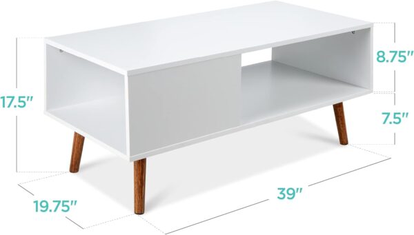 Best Choice Products Wooden Mid-Century Modern Coffee Table, Accent Furniture for Living Room, Indoor, Home Décor w/Open Storage Shelf, Wood Grain Finish - White/Brown - Image 3