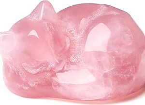 QINJIEJIE 2" Rose Quartz Cat Crystals Statue Pink Gifts Sleeping Cat Decor Figurine Polished Healing Gemstones Cute Kitten Reiki Office Desk Home Decor Cat Lover Gifts for Women
