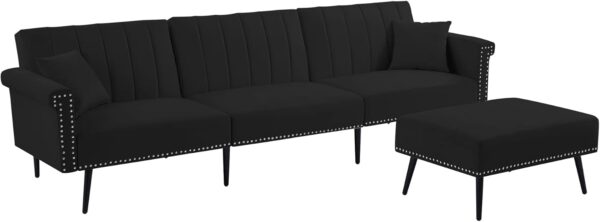 Eafurn L-Shaped Sectional Movable Ottoman,Convertible Sleeper Corner Adjustable Backrest & 2 Toss Pillows,Modern Velvet Tufted Comfy Sofa & Couch Living Room Furniture Set, Black 110.2" - Image 3