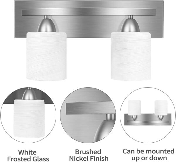 PARTPHONER - Bathroom Vanity Light Fixture - Bathroom Lighting Fixtures Over Mirror - Vanity Lighting Fixtures - Interior Bathroom Lights with Modern Glass Shade - Brushed Nickel, E26 Base, 2-Light - Image 2