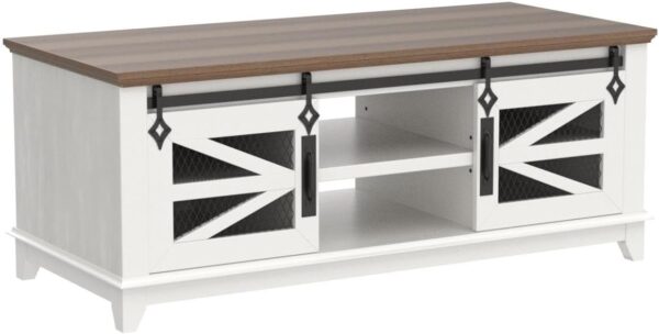 OKD 48'' Coffee Table with Storage & Sliding Barn Doors, Farmhouse & Industrial Cocktail Table w/Adjustable Shelves, Modern Rectangular Rustic Living Room, Meeting Room, Antique White - Image 5