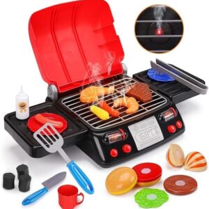 Kids Play Food Grill with Pretend Smoke Sound Light Kitchen Playset BBQ Accessories Camping Cooking Set Barbecue Toddler Girl Boy Toy 2 3 4 5 6 Year Old 4-8 Birthday Kid Outdoor Toy Gift Idea