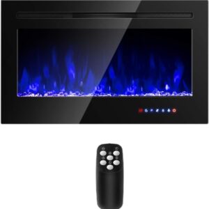 COSTWAY 36-Inch Electric Fireplace, 750W/1500W Wall Recessed and Mounted Fireplace Insert with Remote Control, 9 Flame Colors, 5 Brightness Settings, 8 H Timer, Fireplace Heater for Indoor Use