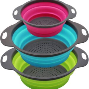 Qimh Collapsible Colander Set of 3 Round Silicone Kitchen Strainer Set - 2 pcs 4 Quart and 1 pcs 2 Quart- Perfect for Draining Pasta, Vegetable and fruit (green,blue, purple)