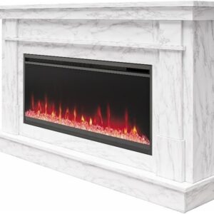 Novogratz Waverly 64 Inch Electric Fireplace with Mantel, Replaceable Fireplace Insert Heater, Remote Control, Timer, Color Changing Crystal Ember Flames, For Living Room or Bedroom, White Marble