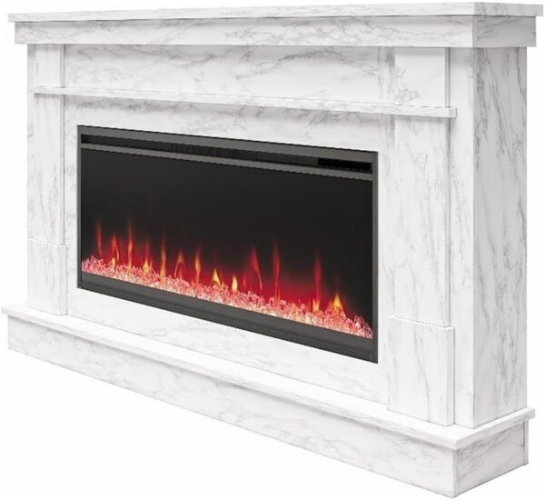 Novogratz Waverly 64 Inch Electric Fireplace with Mantel, Replaceable Fireplace Insert Heater, Remote Control, Timer, Color Changing Crystal Ember Flames, For Living Room or Bedroom, White Marble