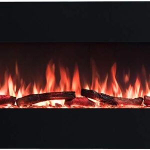 PuraFlame Serena 50 Inches Wall Mounted Linear Electric Fireplace with Log Set & Crystal, Adjustable Flame Color and Speed, 750 / 1500W Heater, Remote with Timer, 50.38 x 5.44 x 21.63 inches, Black