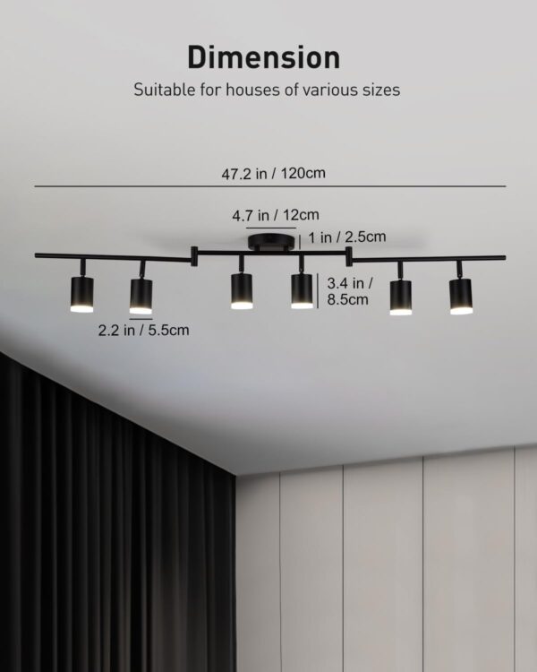 Bojim 6 Light Black Track Lighting Kit, Modern LED Track Lighting Fixtures Ceiling, Flexibly Rotatable LED Light Head with Acrylic Ring, Kitchen Ceiling Track Light (GU10, Bulbs Not Included) - Image 5