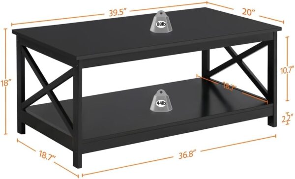 Yaheetech Wood 2-Tier Black Coffee Table with Storage Shelf for Living Room, X Design Accent Cocktail Table, Easy Assembly Home Furniture, 39.5 x 21.5 x 18 Inches - Image 3