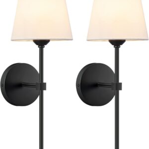 Wall Sconces Sets of 2, Retro Industrial Wall Lamps, Bathroom Vanity Sconces Wall Lighting with White Fabric Shade, Suitable for Bedroom Living Room Corridor Kitchen