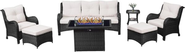 7 Pieces Outdoor Patio Furniture Set with Fire Pit Table, Wicker Rattan Single Chairs Patio Sofa with Ottomans and Side Table