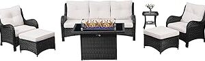 7 Pieces Outdoor Patio Furniture Set with Fire Pit Table, Wicker Rattan Single Chairs Patio Sofa with Ottomans and Side Table