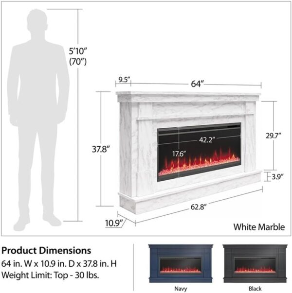 Novogratz Waverly 64 Inch Electric Fireplace with Mantel, Replaceable Fireplace Insert Heater, Remote Control, Timer, Color Changing Crystal Ember Flames, For Living Room or Bedroom, White Marble - Image 7