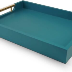 Wooden Decorative Coffee Table Tray, 16" Serving Tray with Handles, Matte Finish Decorative Tray, Ottoman Tray for Living Room, Perfume, Vanity Dresser Organizer (Teal Green)