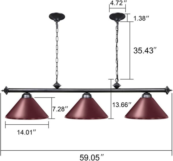 Wellmet Pool Table Lights for 8'/9' Table with 3 Metal Shades, Billiard Lamp for Man Cave, Game Room, Kitchen Island Light for Restaurant Or Dining Room (Burgundy, 59 inch-3 Lights) - Image 4