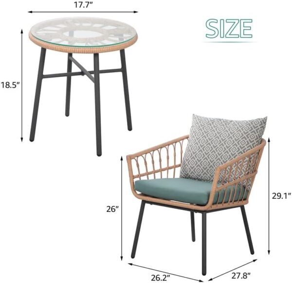 Yangming 3 Piece Patio Furniture Outdoor Conversation Bistro Set with Tempered Coffee Table and Wicker Chairs for Garden Balcony Backyard Yard Poolside, Green - Image 2