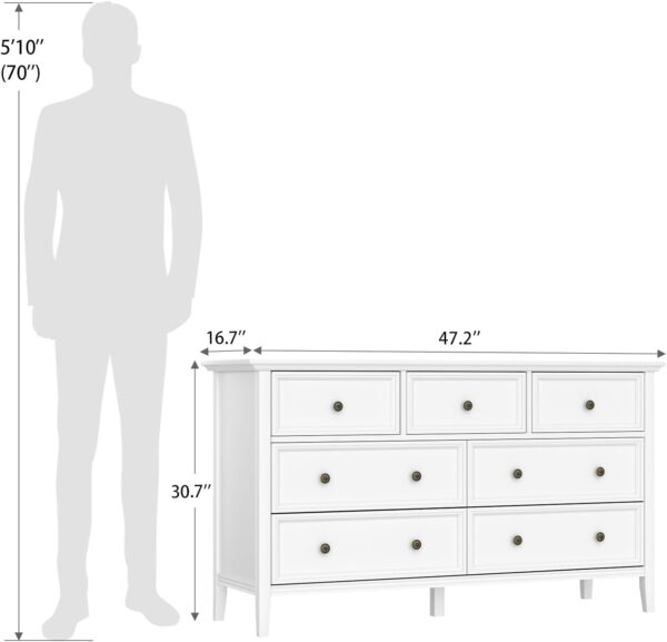 IKENO White 7 Drawer Dresser for Bedroom, Modern Solid Wood Large Storage Cabinet, Simple White Chest of Drawer for Bedroom Living Room Hallway Entryway (White) - Image 2