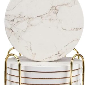 6 Pcs White Marble Coaster Set with Holder Absorbent Coasters Drink Coasters Ceramic Bar Coasters Cute Dining Coffee Table Coasters Decor Gift Cup Stone Modern Coasters for Beverage Beer Coasters