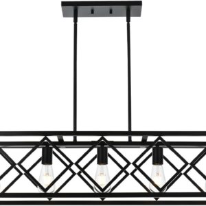 BONLICHT ‎Transitional 5 Light Farmhouse Chandelier Industrial Large Black Kitchen Island Linear Pendant Lights Modern Rectangle Dining Room Lighting Fixtures Hanging Metal Cage Ceiling Lamp for Bar