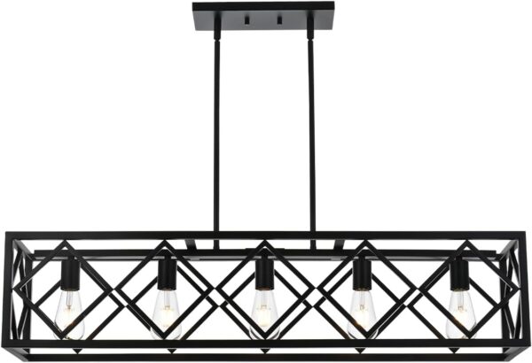 BONLICHT ‎Transitional 5 Light Farmhouse Chandelier Industrial Large Black Kitchen Island Linear Pendant Lights Modern Rectangle Dining Room Lighting Fixtures Hanging Metal Cage Ceiling Lamp for Bar