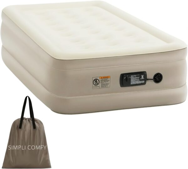 Simpli Comfy Inflatable Twin Air Mattress with Built in Pump Self Inflating Blow Up Durable Heavy Duty Stay Firm Comfortable Air Bed 18” Elevated for Home Guest Travel Relocate Camping