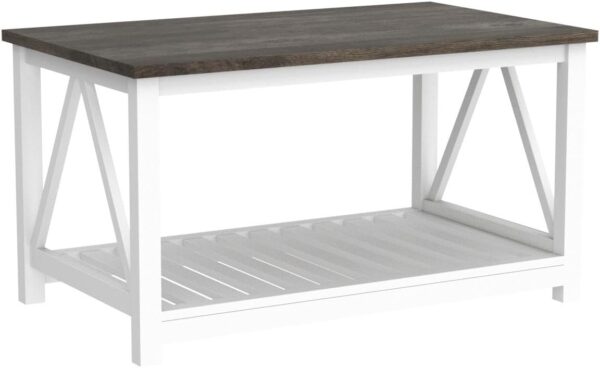 Farmhouse Coffee Table for Living Room, 2-Tier Rectangular Wooden Centre Cocktail Table with Slats Shelf Storage and V-Shaped Frame, Dark Oak - Image 4