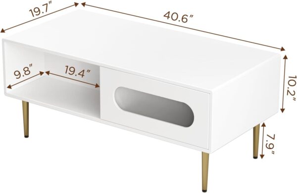 Coffee Table for Living Room 40.6inch LED Coffee Table Small White Coffee Table with Hidden Storage, High Glossy Modern Coffee Tables with Gold Metal Legs, Rounded Edges Home Accent Furniture - Image 2