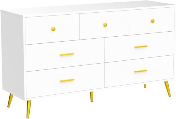 White Dresser for Bedroom, 7 Drawer Dresser with Charging Station, Wood Chest of Drawers with Gold Handles, Modern Dressers & Chests of Drawers for Living Room, Hallway - Image 4