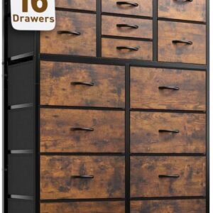 EnHomee Tall Dresser for Bedroom,16 Drawer Dressers & Chests of Drawers, Fabric Bedroom Dresser with Wood Top, Metal Frame,Storage Drawer for Closet Entryway,Rustic Brown