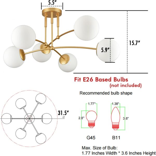 CLAXY Mid Century Gold Ceiling Light Semi Flush Mount Opal Globe Chandelier 6-Light Ceiling Chandelier for Bedroom Living Room - Image 6