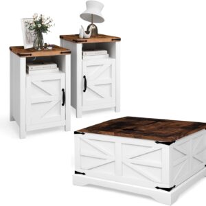 oneinmil 3-Piece Farmhouse Table Set Includes 31” Coffee Table and Side Tables with Storage Space, Retro Tables for Living Room, White