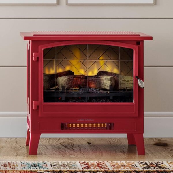 Country Living Infrared Freestanding Electric Fireplace Stove Heater in Deep Red | Provides Supplemental Zone Heat with Remote, Multiple Flame Colors, Metal Design with Faux Wooden Logs - Image 2