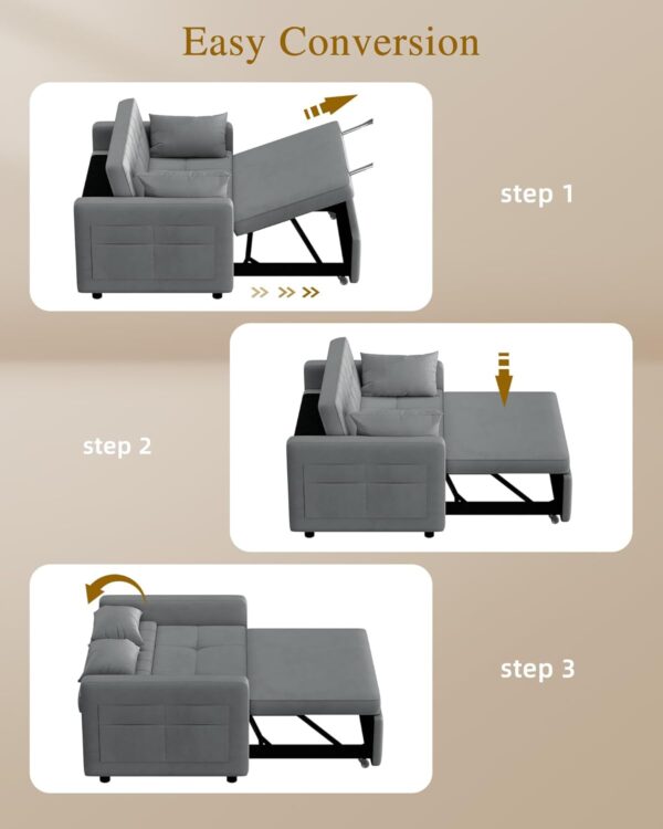 YITAHOME 55" Convertible Sofa Bed, Velvet Sleeper Sofa with Pull-Out Bed, 3-in-1 Futon Couch with Reclining Backrest and Side Pocket, Modern Loveseat for Living Room, Grey, Full Size - Image 3