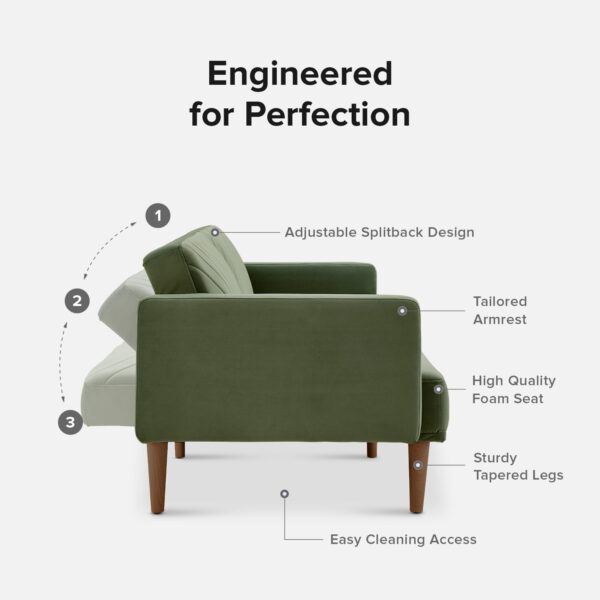 mopio Futon Sofa Bed, Couch, Small Sofa, Sleeper Sofa, Loveseat, Mid Century Modern Futon Couch, Sofa Cama, Couches for Living Room (Olive Green Premium Velvet) - Image 4