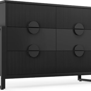 Modern 6 Deep Drawer Dresser, Dressers for Bedroom, Chest of Drawers Closet Organizers and Storage Clothes - Easy Pulls Handle, Textured Wood Sticks Borders H Legs for Bedroom, Hallway, Black